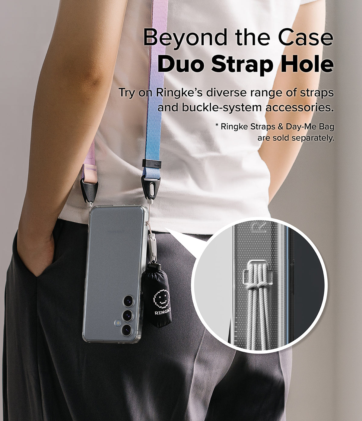 Galaxy S24 FE Case | Fusion Matte - Person wearing a phone case with a colorful strap and small bag attached via duo strap holes.