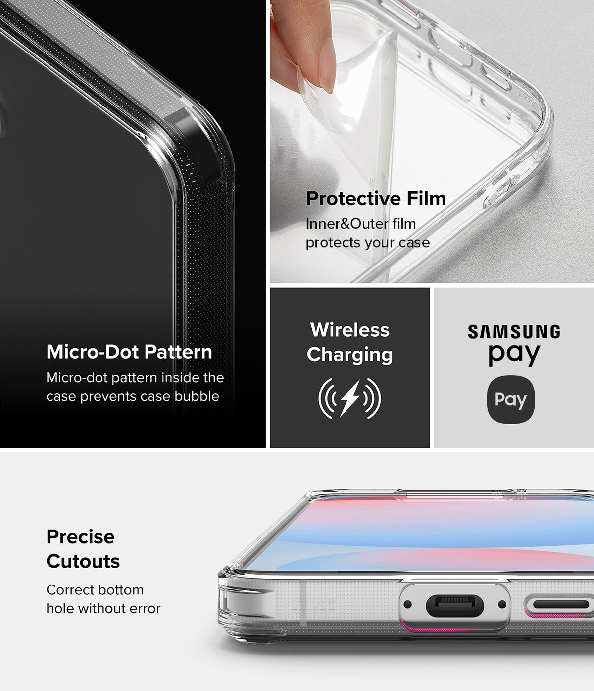 Galaxy S24 FE Case | Fusion Matte - Features showing micro-dot pattern, protective film, wireless charging, and precise cutouts.
