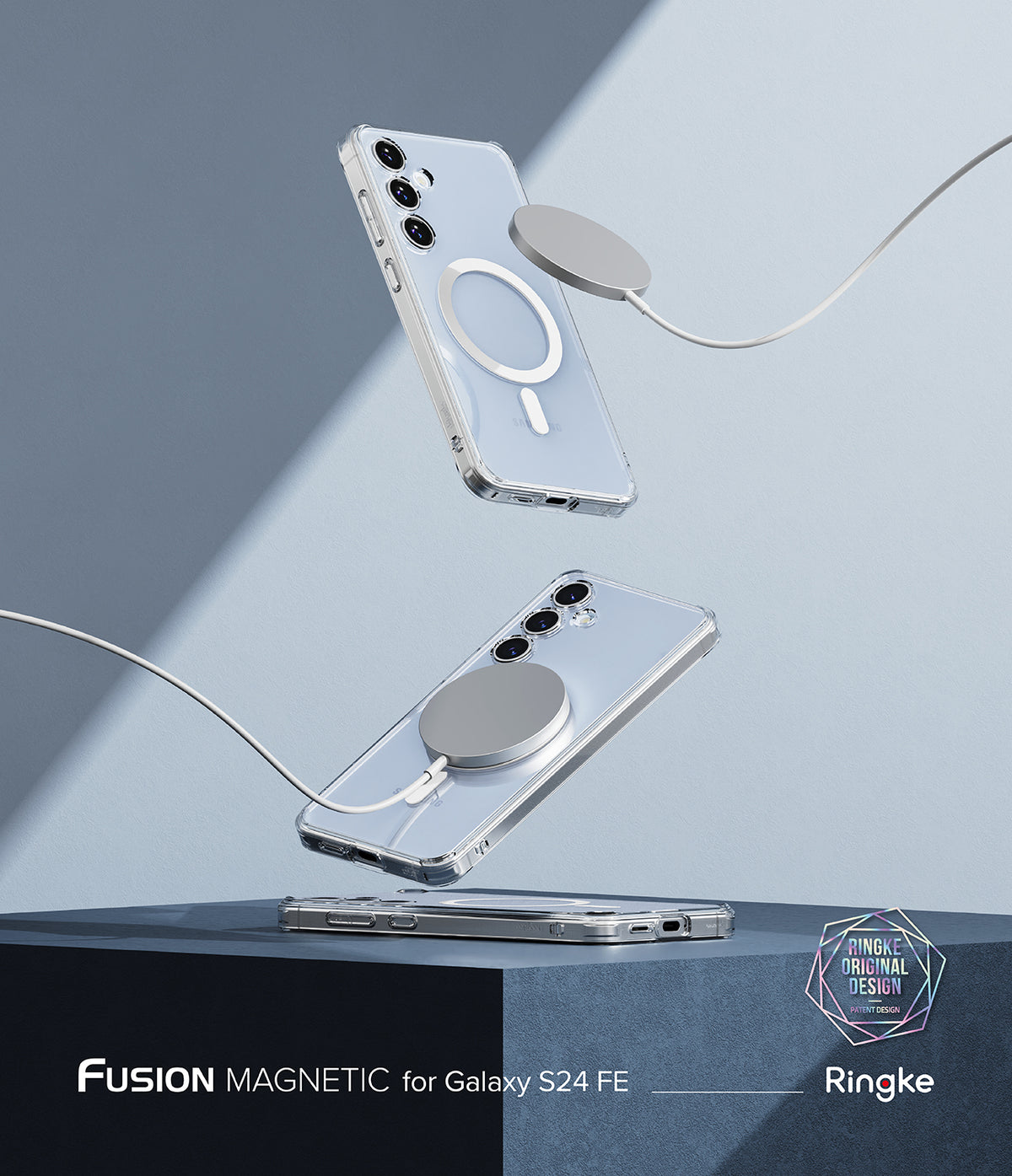 Galaxy S24 FE Case | Fusion Magnetic - Clear phone cases floating with magnetic chargers attached against a blue background.