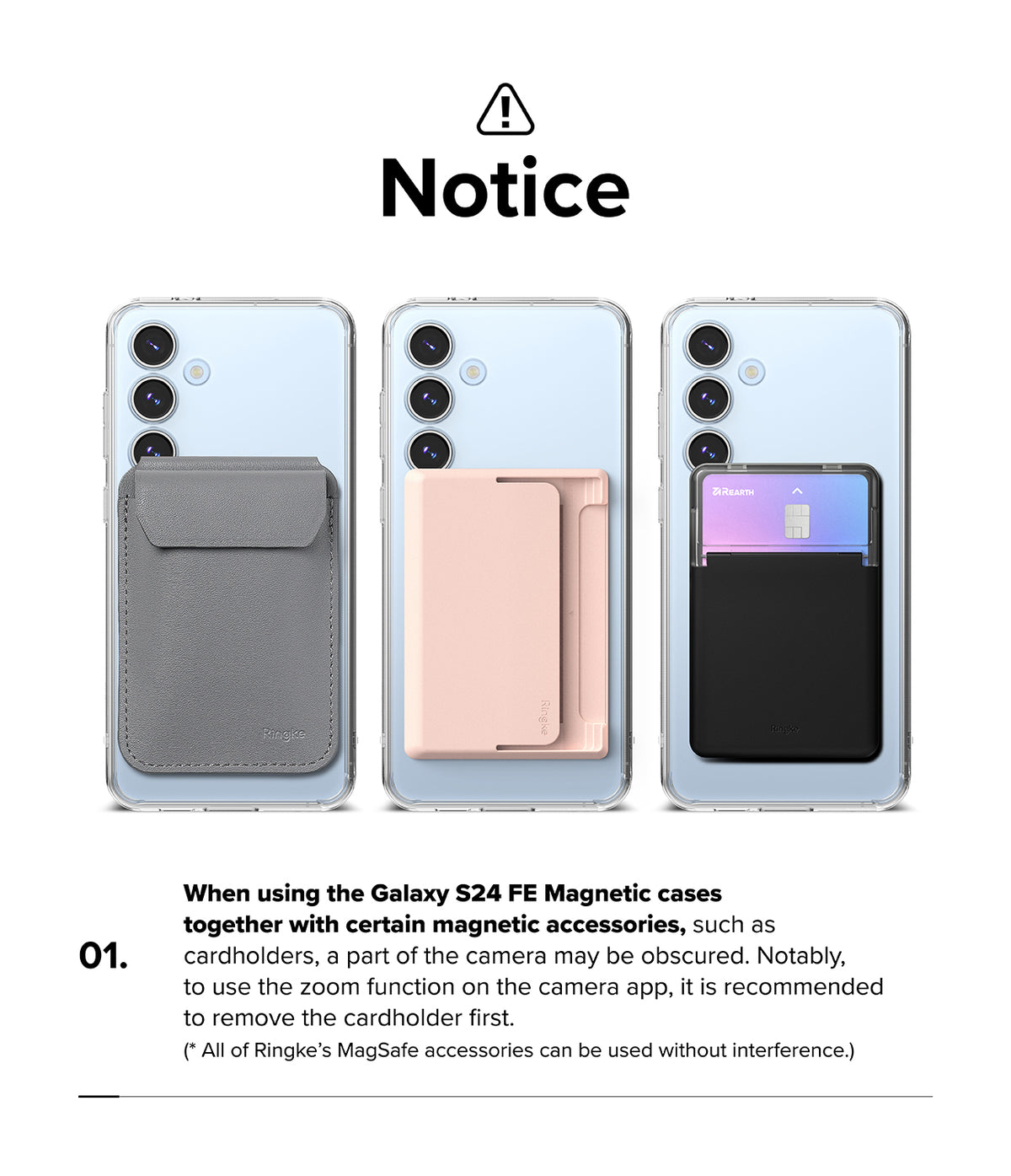 Galaxy S24 FE Case | Fusion Magnetic - Three phones with magnetic cardholders attached, showing potential camera obstruction.