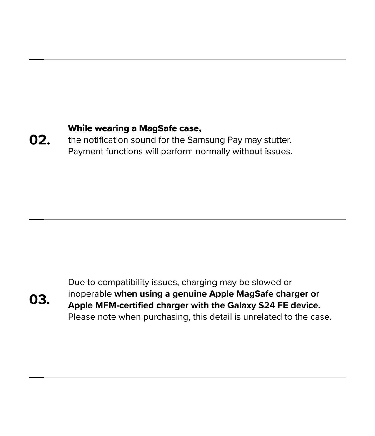 Galaxy S24 FE Case | Fusion Magnetic - Text listing compatibility notes regarding Samsung Pay sounds and Apple chargers.