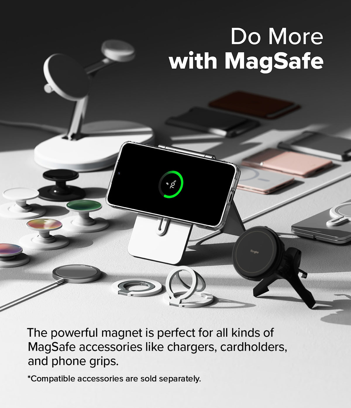 Galaxy S24 FE Case | Fusion Magnetic - Smartphone in a clear case on a stand surrounded by various MagSafe accessories.