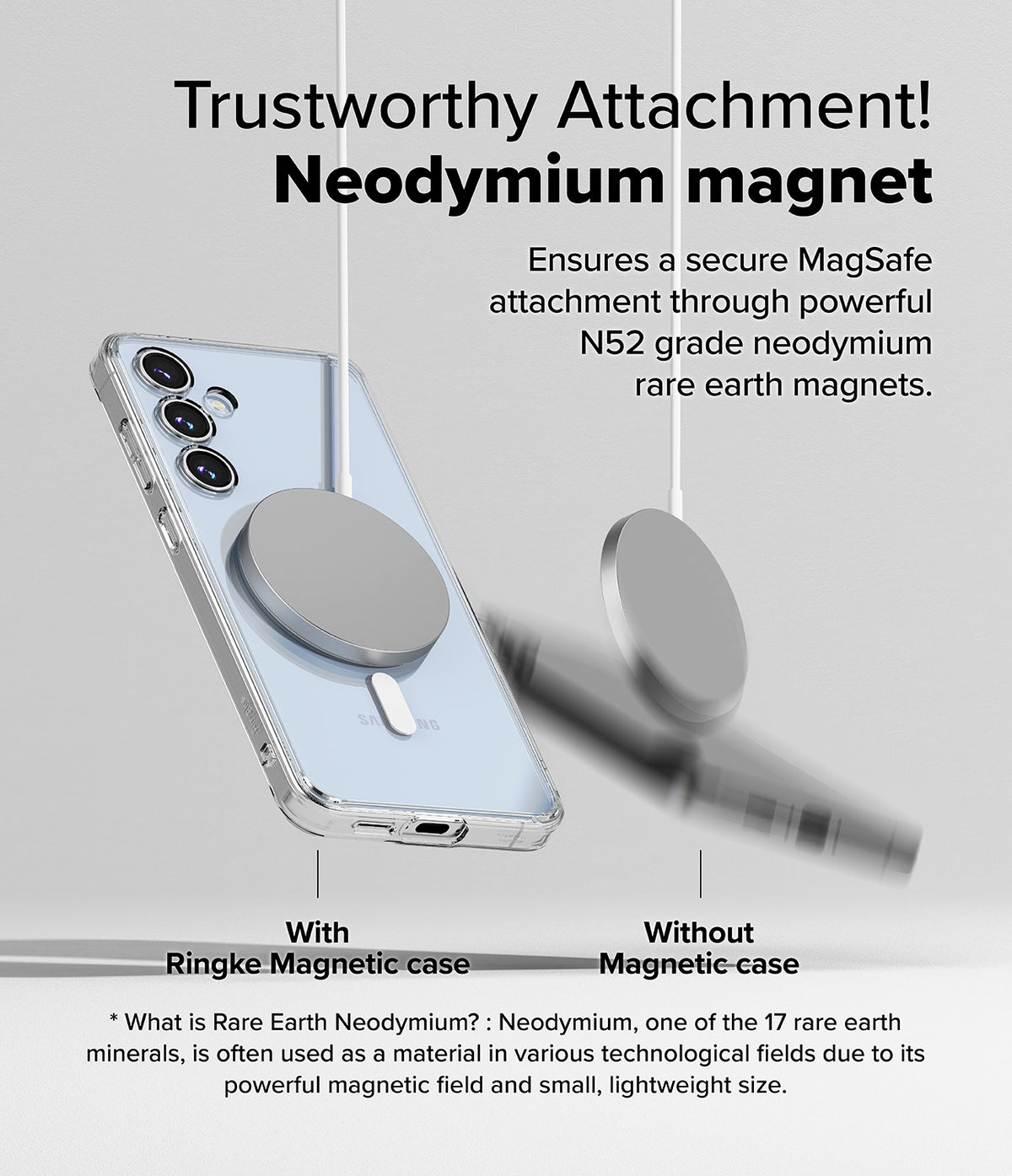 Galaxy S24 FE Case | Fusion Magnetic - Comparison showing a magnetic charger attached to a phone case versus falling off.