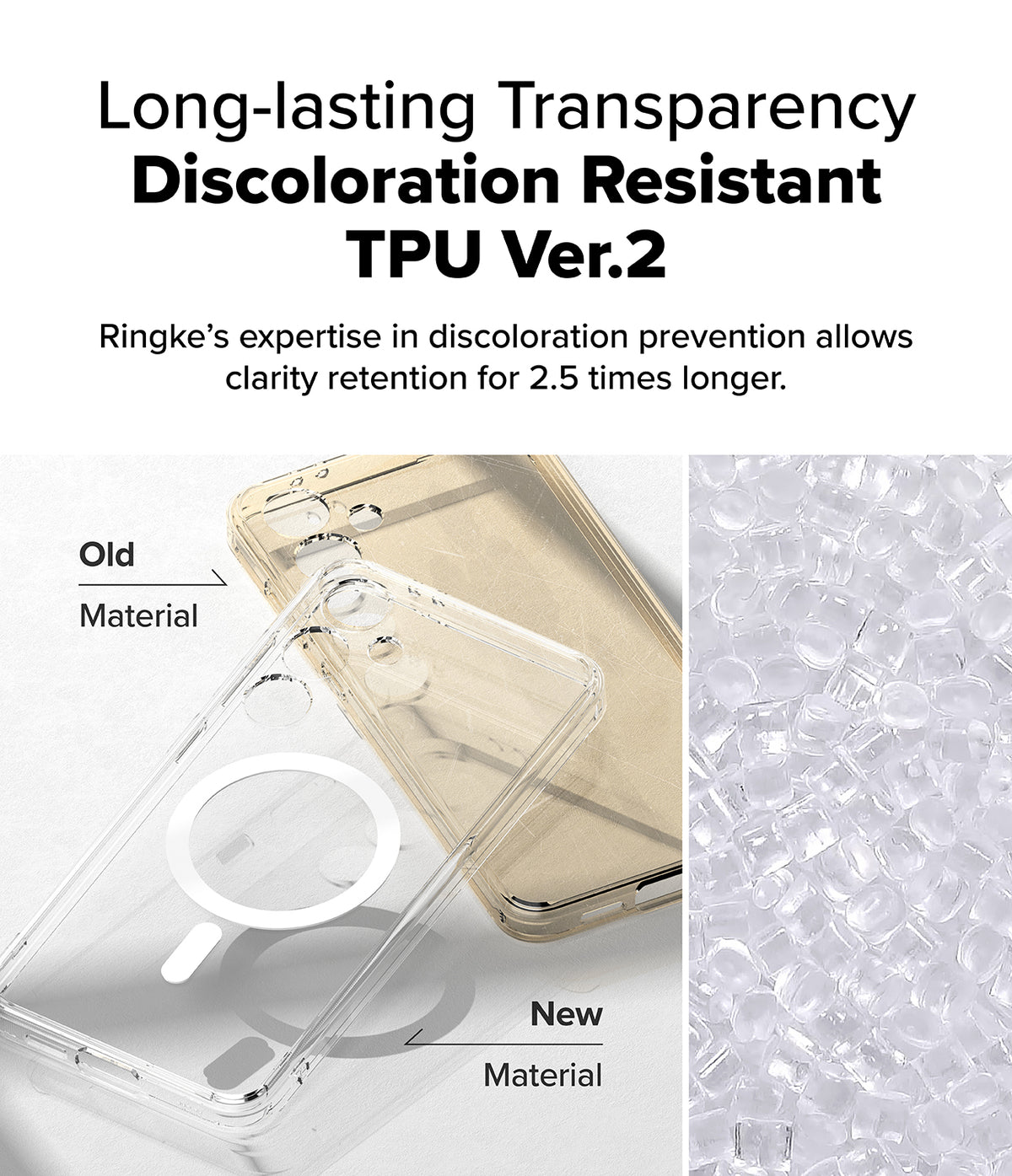 Galaxy S24 FE Case | Fusion Magnetic - Comparison of yellowed old TPU versus clear new TPU material for phone cases.