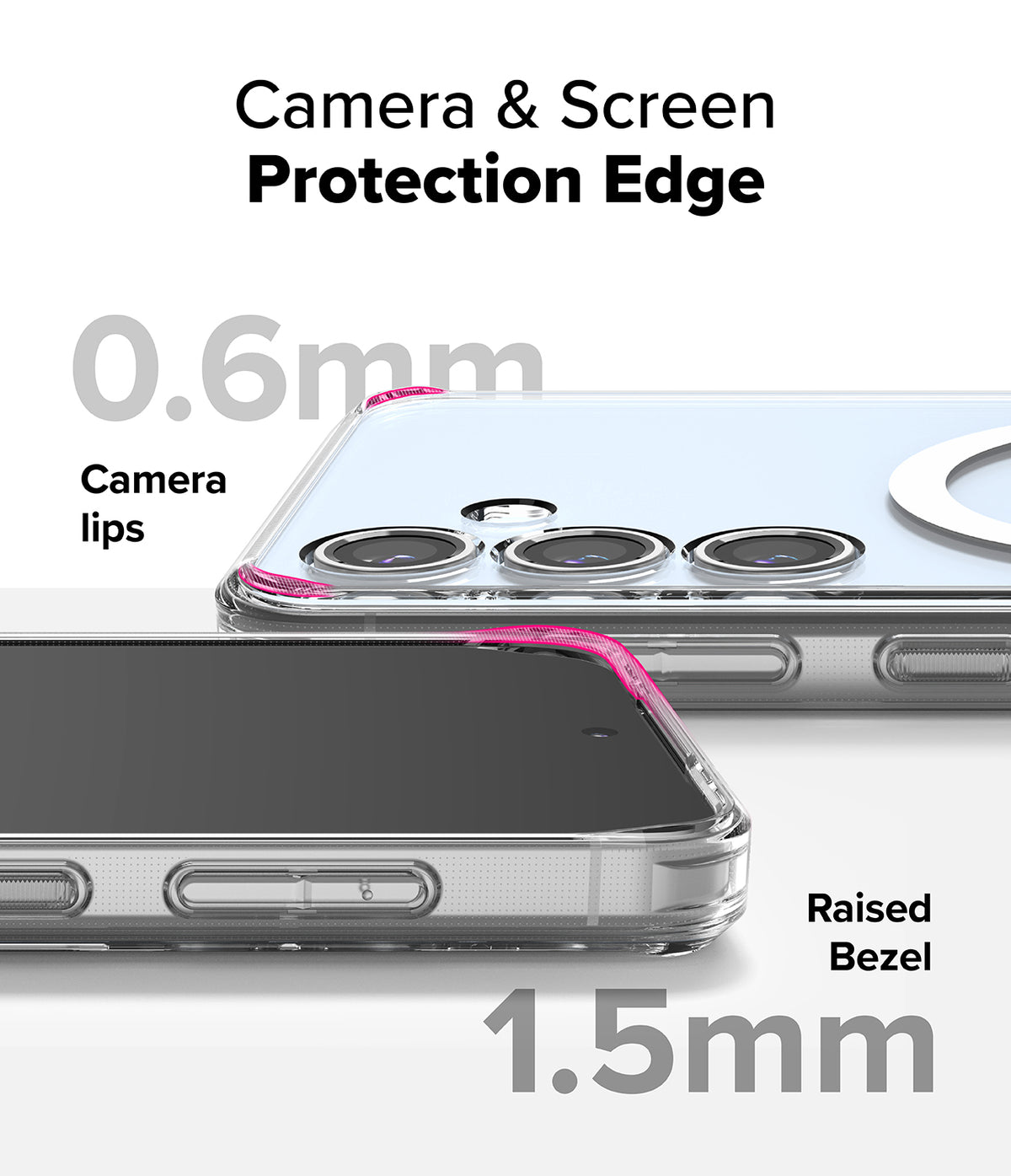 Galaxy S24 FE Case | Fusion Magnetic - Clear phone case showing 0.6mm camera lips and 1.5mm raised screen bezel protection.