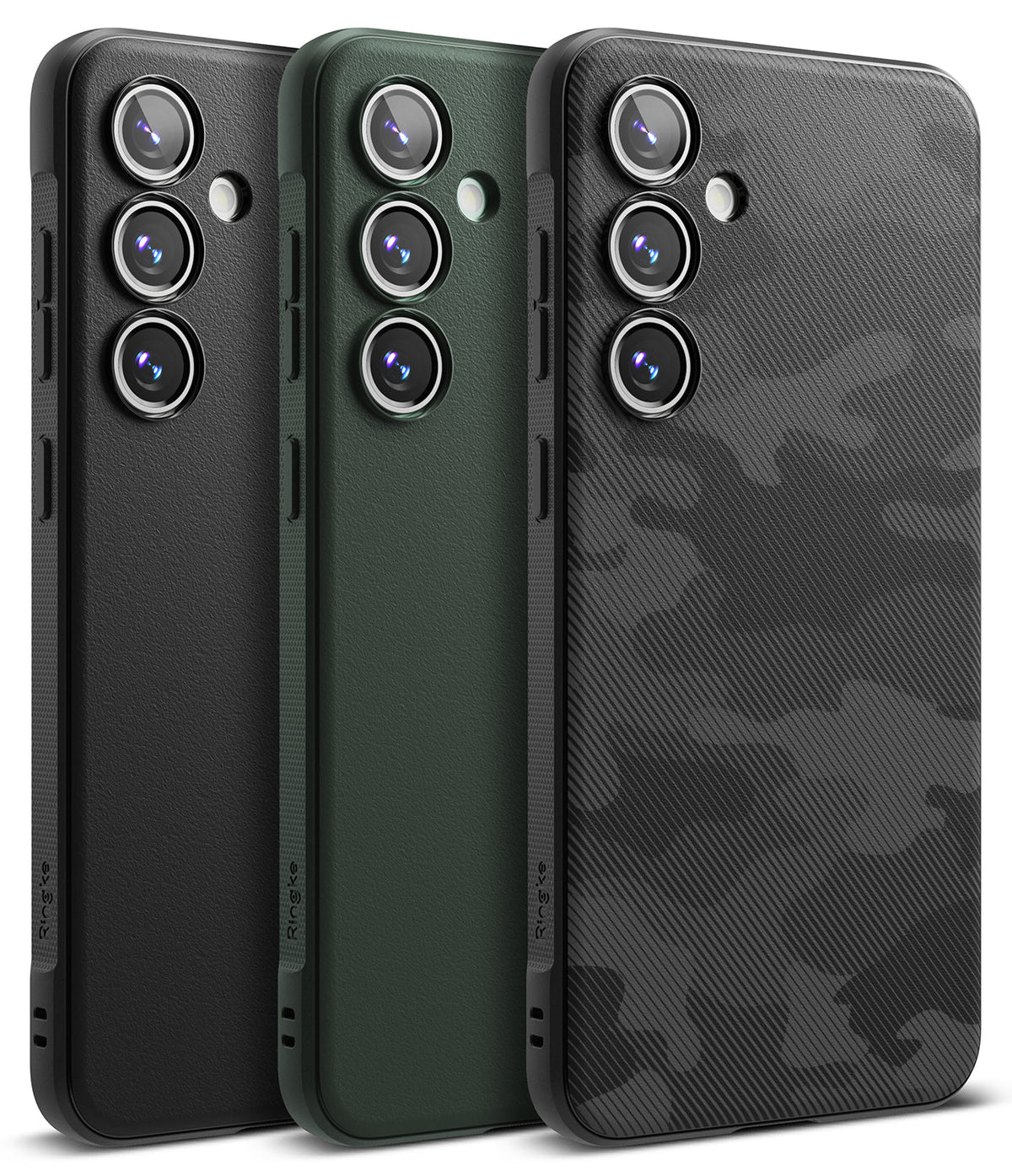 Galaxy S24 FE Case | Onyx - Three Galaxy S24 FE cases in black, green, and black camo textures with triple camera cutouts.