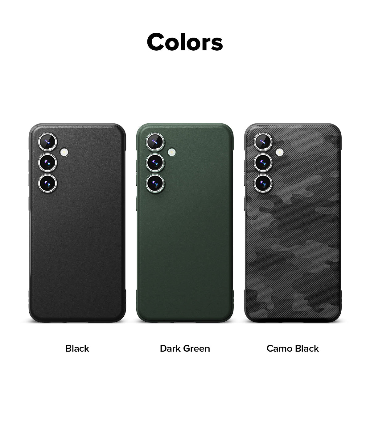 Galaxy S24 FE Case | Onyx - Three Galaxy S24 FE phone cases in black, dark green, and camo black arranged side-by-side.