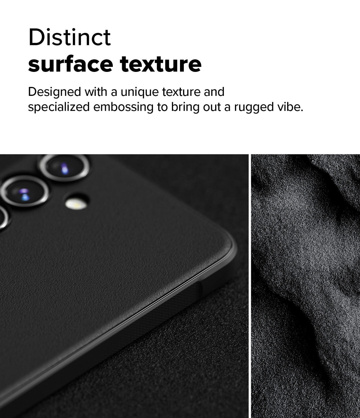 Galaxy S24 FE Case | Onyx - Close-up of a black phone case with a textured, rugged surface next to a dark, rocky background.