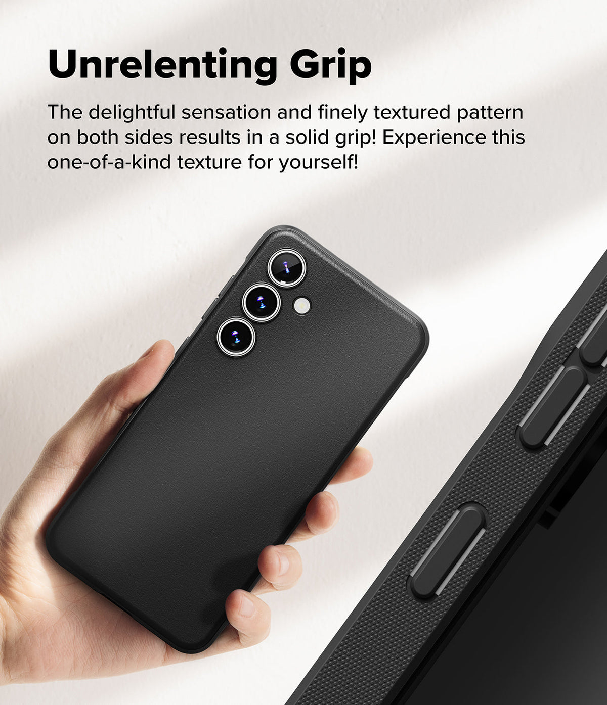 Galaxy S24 FE Case | Onyx - Hand holding a black textured phone case with a close-up of the side grip pattern.