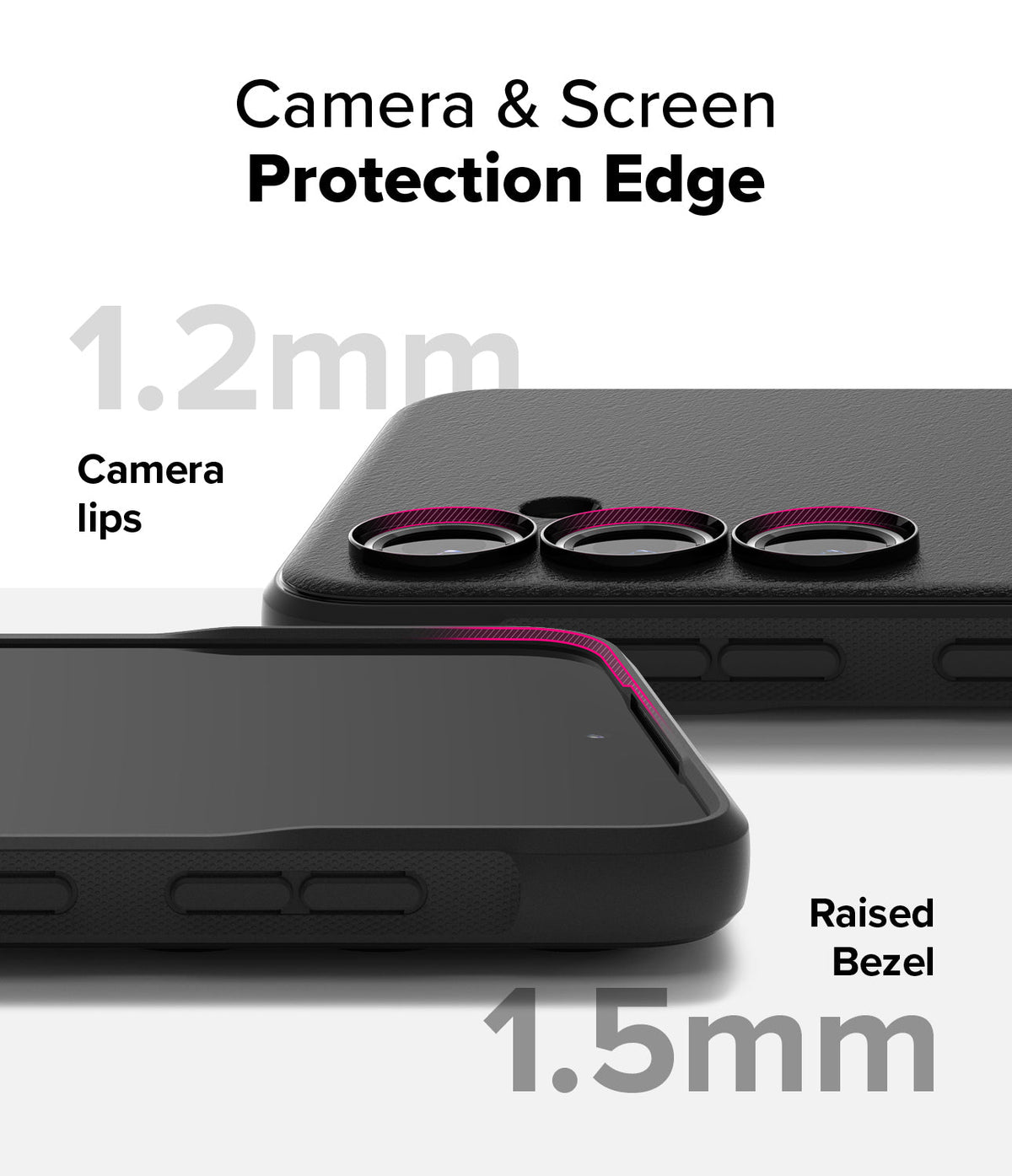 Galaxy S24 FE Case | Onyx - Black phone case showing 1.2mm camera lips and 1.5mm raised screen bezel for protection.