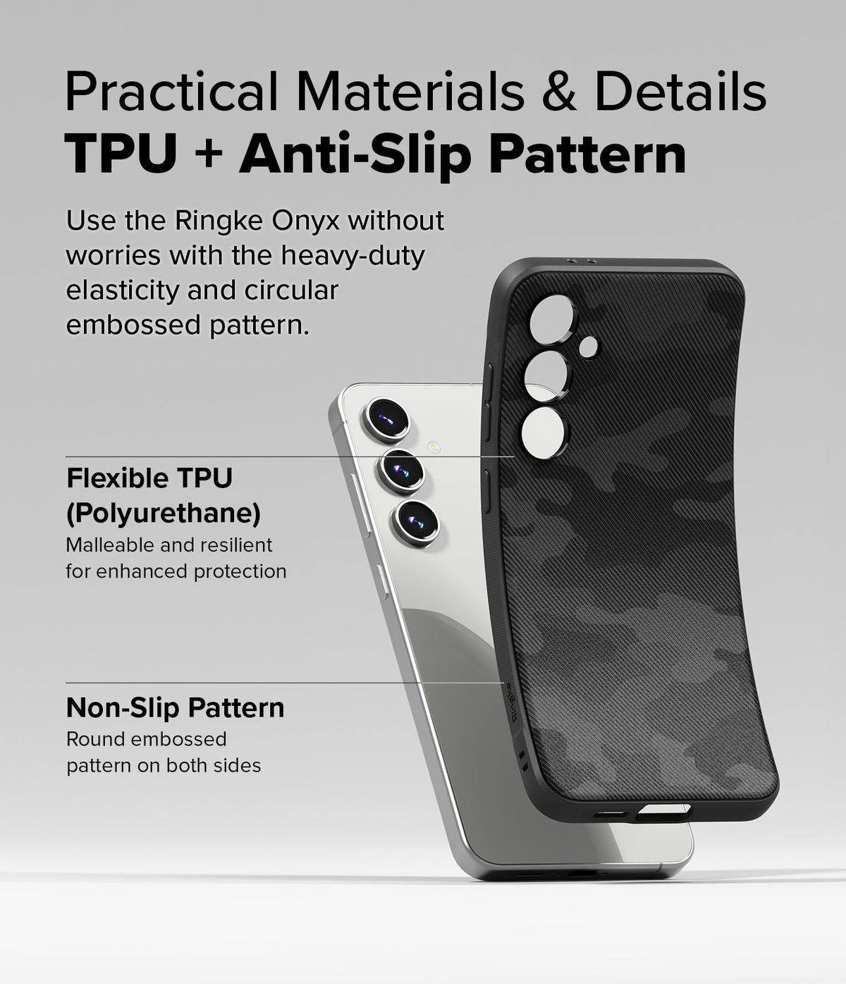 Galaxy S24 FE Case | Onyx - A flexible black Onyx case with a textured pattern being bent away from a silver Galaxy S24 FE.