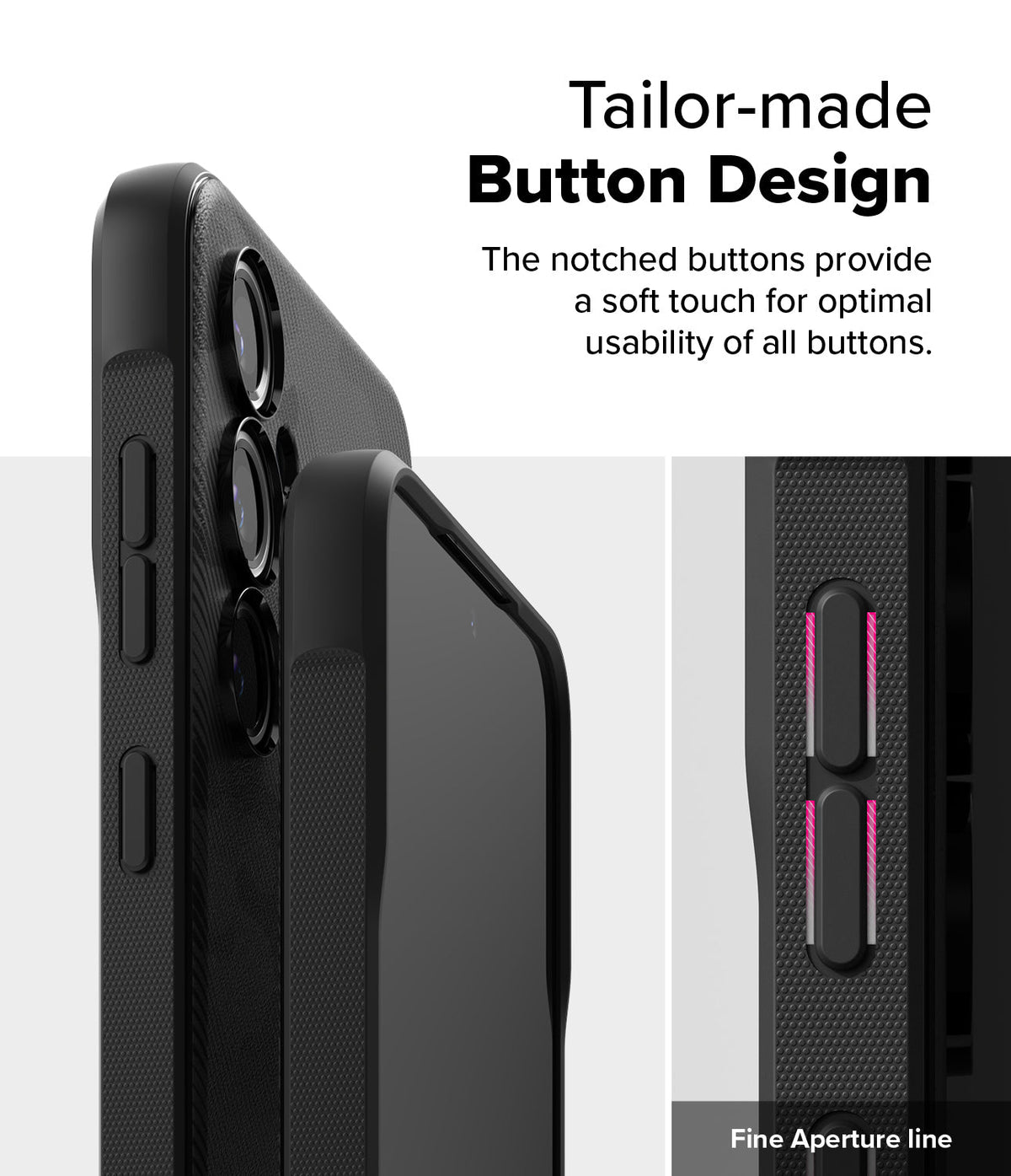 Galaxy S24 FE Case | Onyx - Close-up of black phone case buttons with textured grip and highlighted aperture lines.