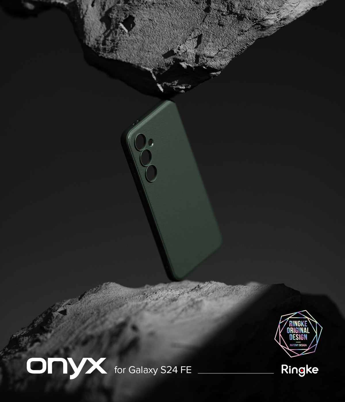 Galaxy S24 FE Case | Onyx - Dark green phone case floating between two rough, grey rock formations against a dark background.