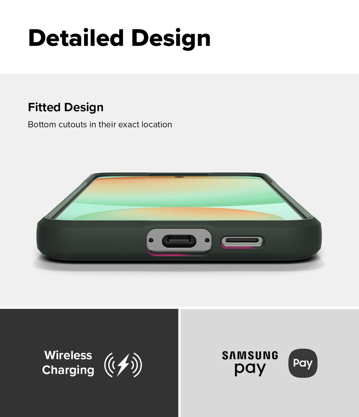 Galaxy S24 FE Case | Onyx - Bottom view of phone case showing precise cutouts for charging port and speaker, with wireless charging icons.