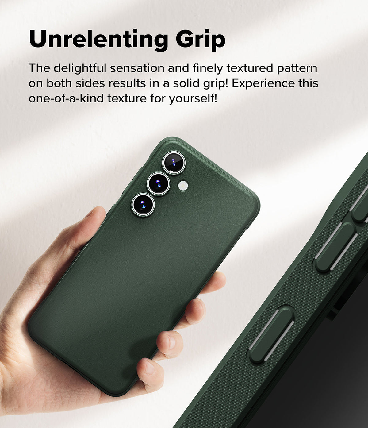 Galaxy S24 FE Case | Onyx - Hand holding a dark green phone case with a textured side grip and triple camera cutout.