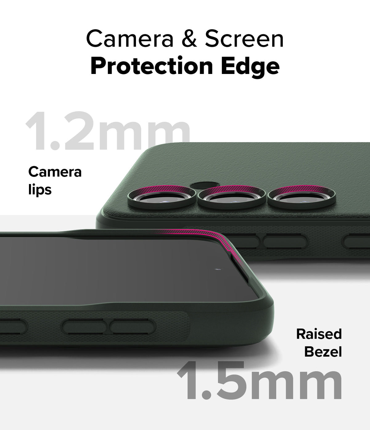 Galaxy S24 FE Case | Onyx - Dark green phone case showing 1.2mm camera lips and 1.5mm raised screen bezel for protection.