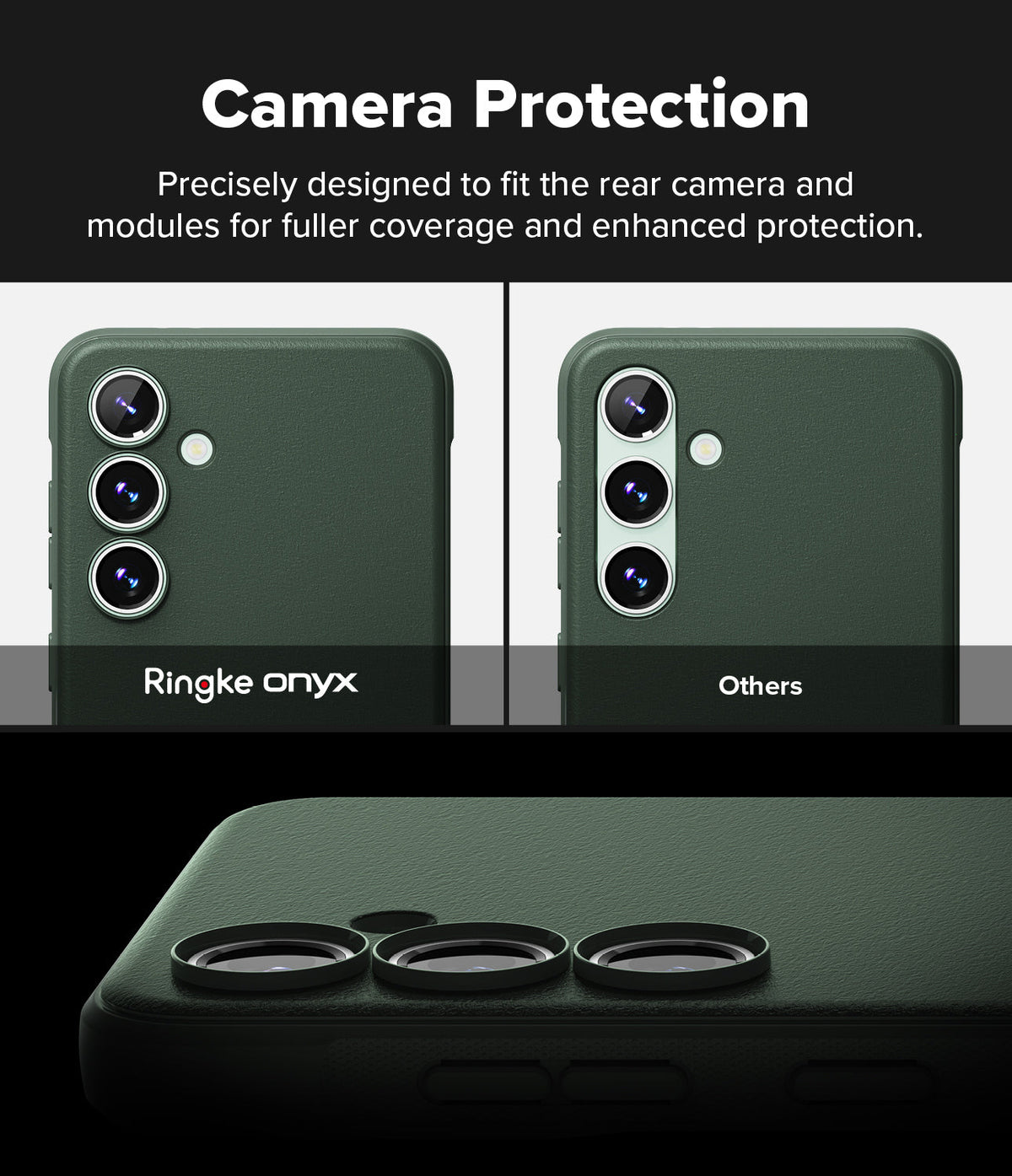 Galaxy S24 FE Case | Onyx - Comparison showing Ringke Onyx camera coverage versus others on a green phone case.