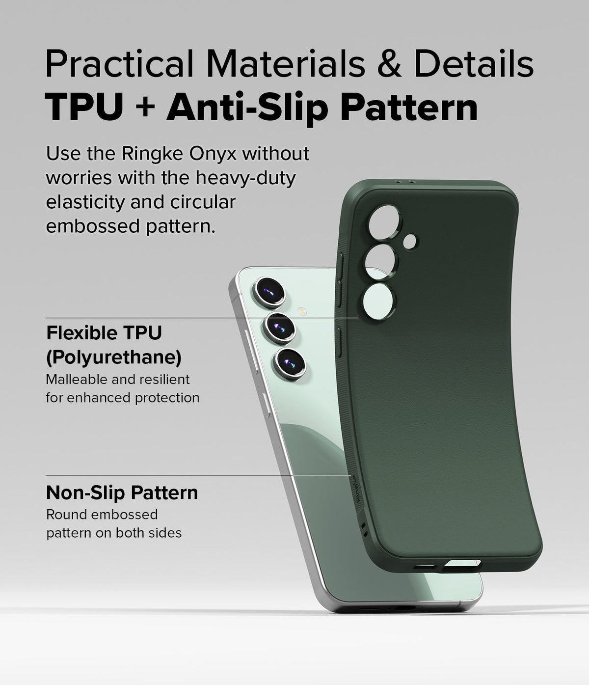 Galaxy S24 FE Case | Onyx - Flexible dark green TPU phone case being bent to show durability next to a Galaxy S24 FE phone.