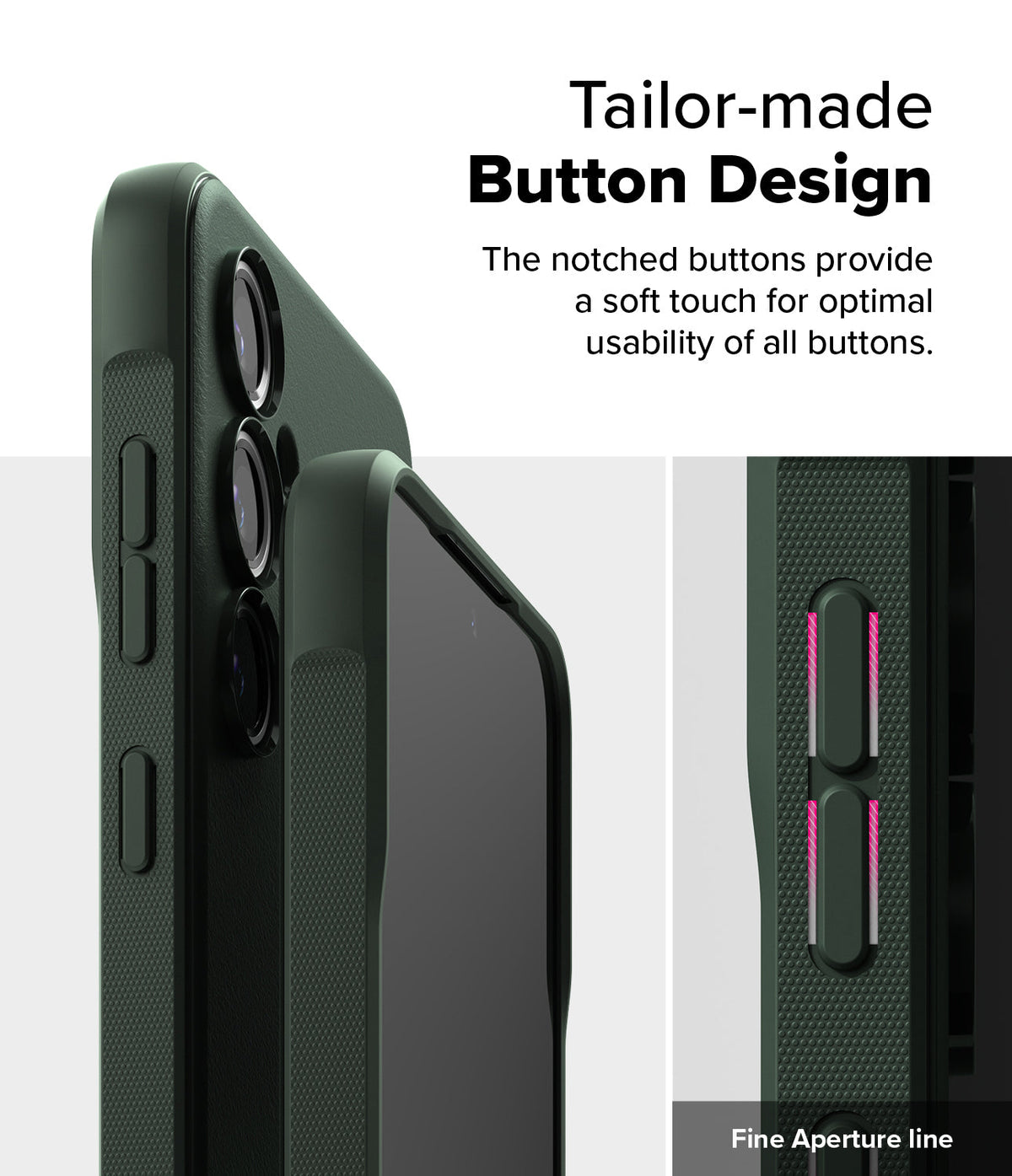 Galaxy S24 FE Case | Onyx - Close-up of phone case buttons highlighting notched design and fine aperture lines for tactile feedback.