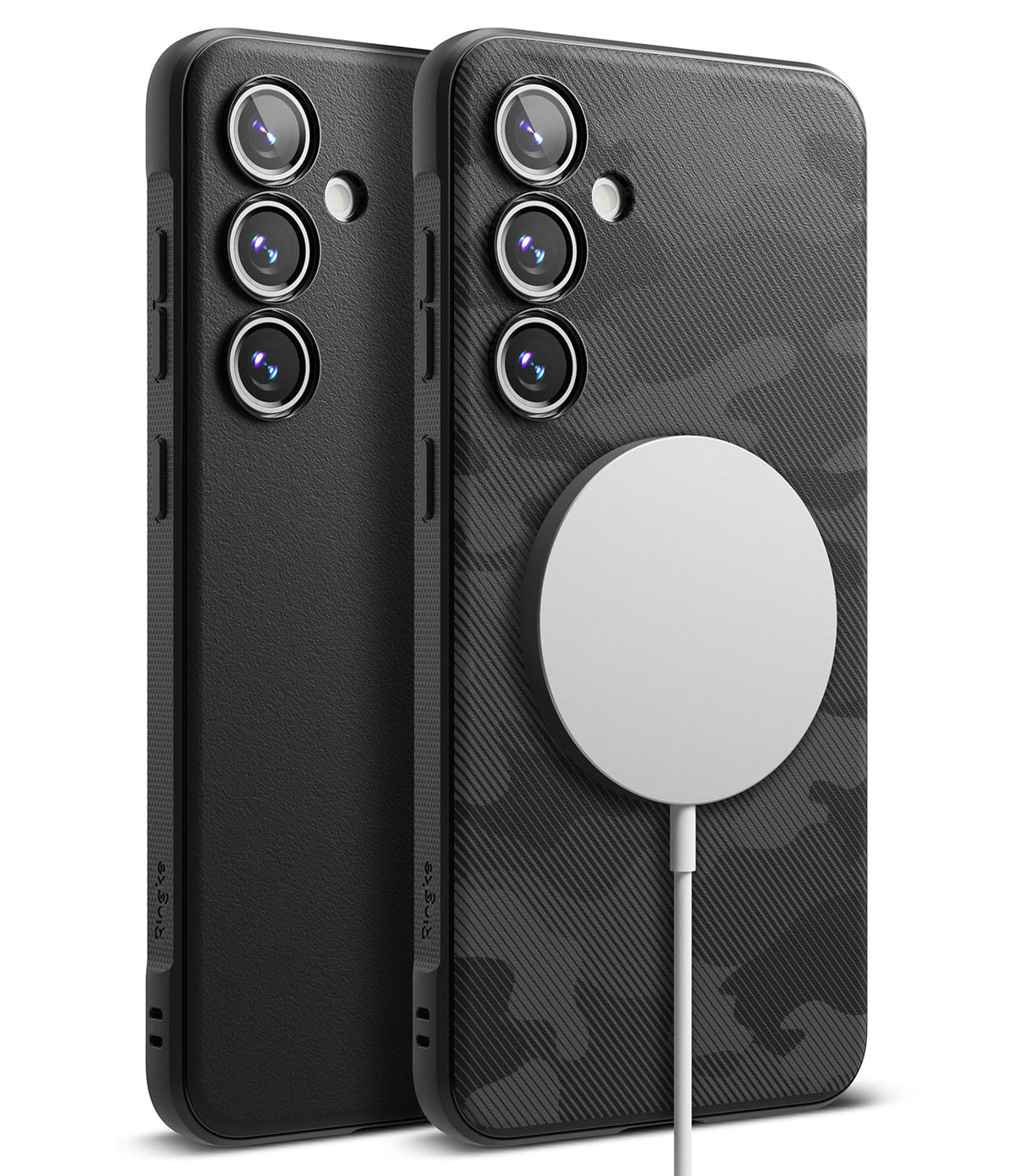 Galaxy S24 FE Case | Onyx Magnetic - Two black textured phone cases, one with a white magnetic charger attached.