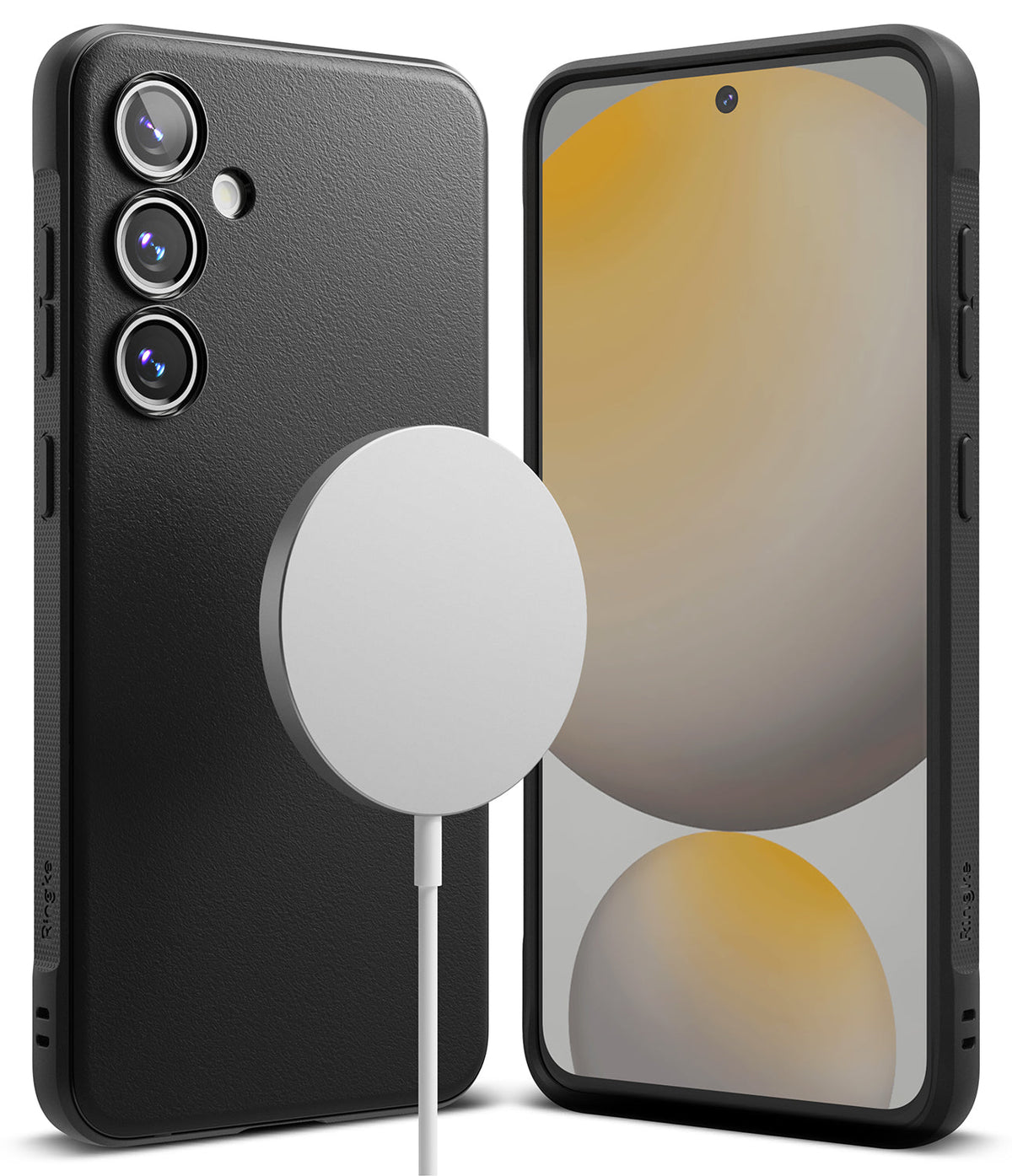 Galaxy S24 FE Case | Onyx Magnetic - Black textured phone case showing front and back views with a white magnetic charger.