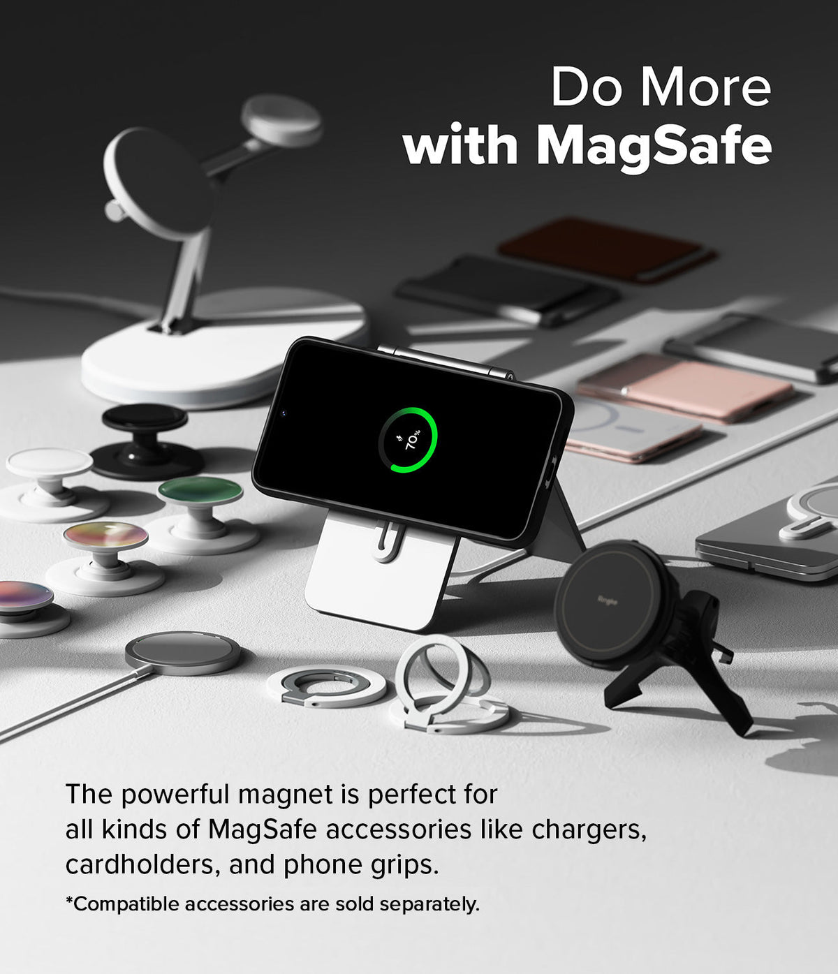 Galaxy S24 FE Case | Onyx Magnetic - Smartphone charging on a magnetic stand surrounded by various MagSafe accessories.
