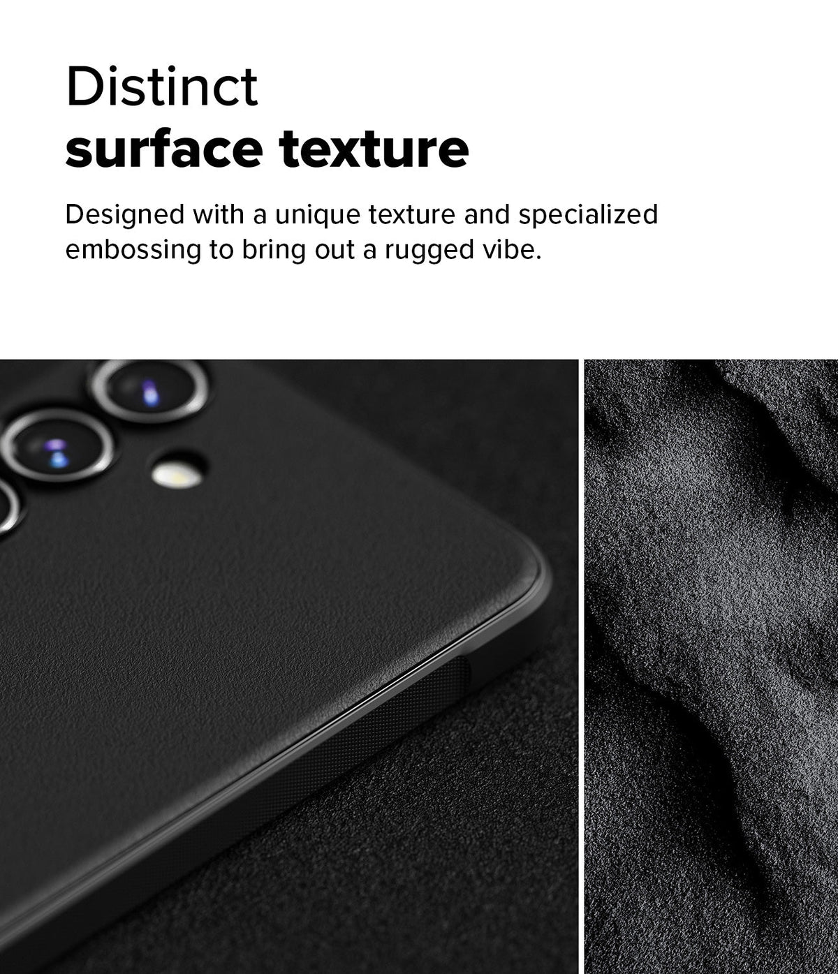 Galaxy S24 FE Case | Onyx Magnetic - Close-up of a black phone case with a textured surface next to a rugged, dark stone texture.