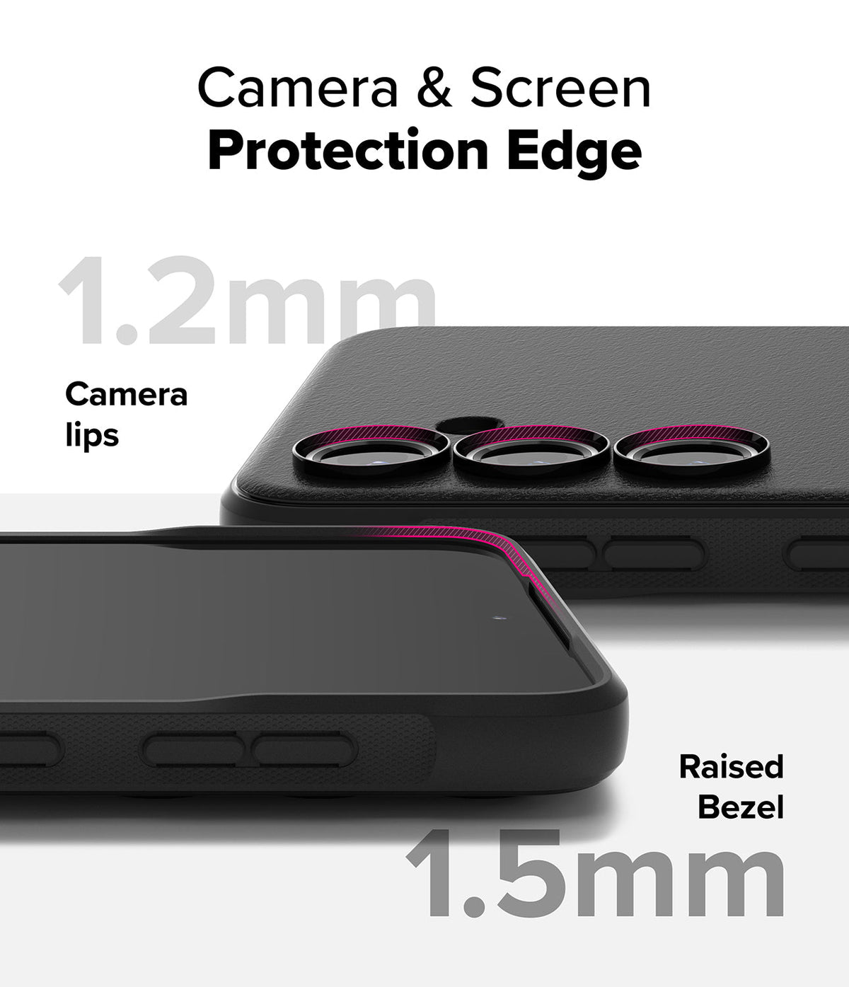 Galaxy S24 FE Case | Onyx Magnetic - Close-up showing 1.2mm camera lips and 1.5mm raised screen bezel for protection.
