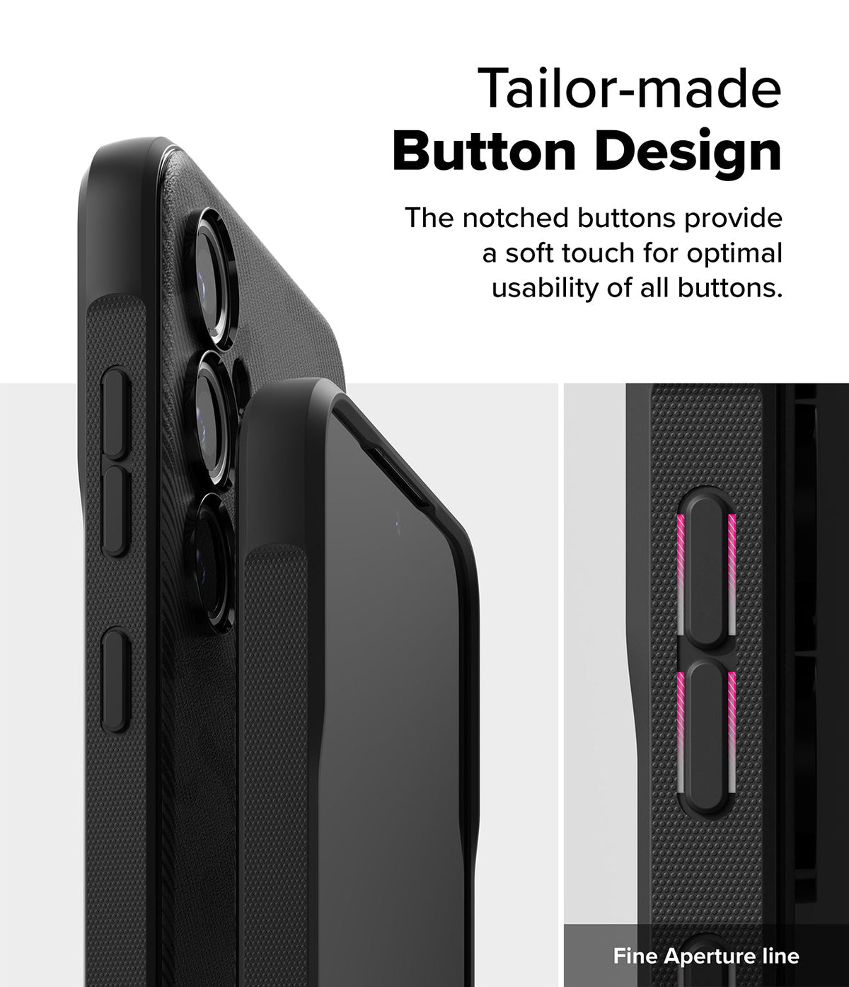 Galaxy S24 FE Case | Onyx Magnetic - Close-up of black phone case buttons with highlighted notches for tactile feedback.