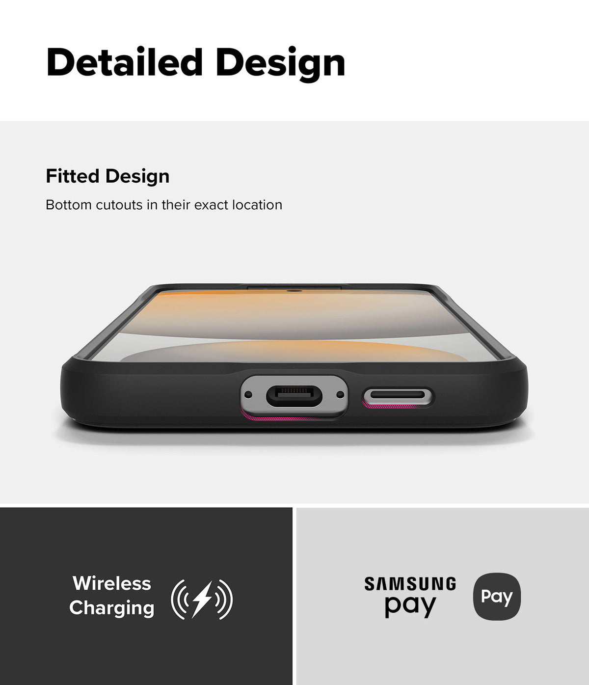 Galaxy S24 FE Case | Onyx Magnetic - Close-up of phone case bottom showing precise cutouts, wireless charging, and Samsung Pay.