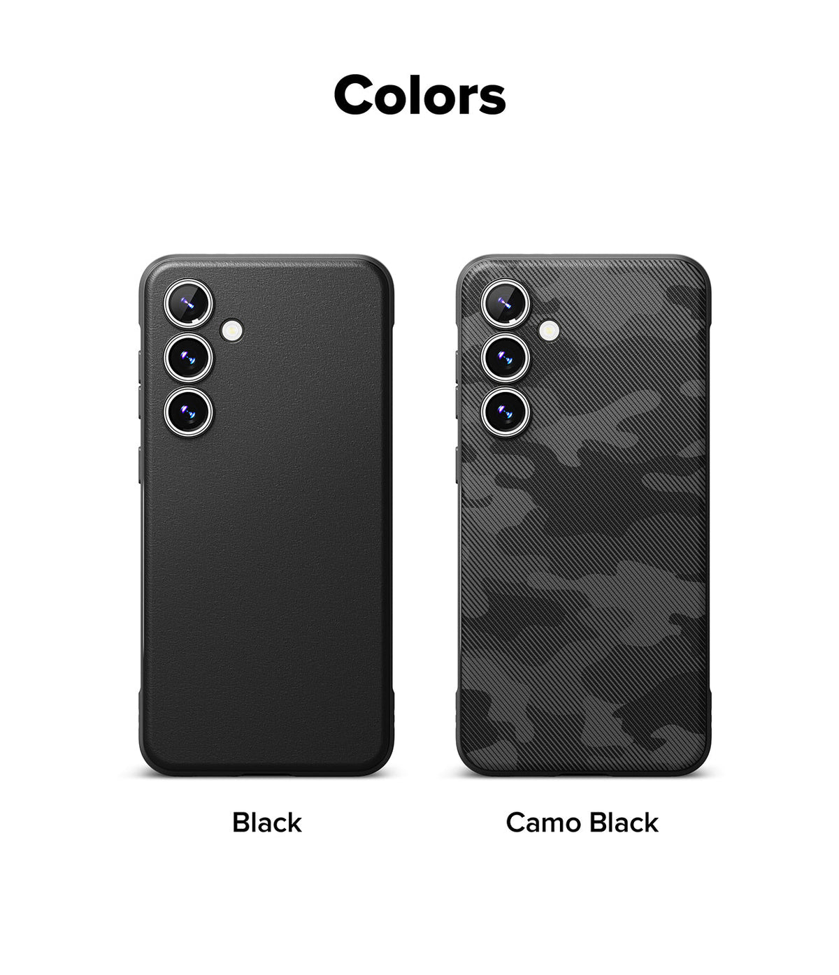 Galaxy S24 FE Case | Onyx Magnetic - Two Galaxy S24 FE phones in solid black and camo black cases side-by-side.