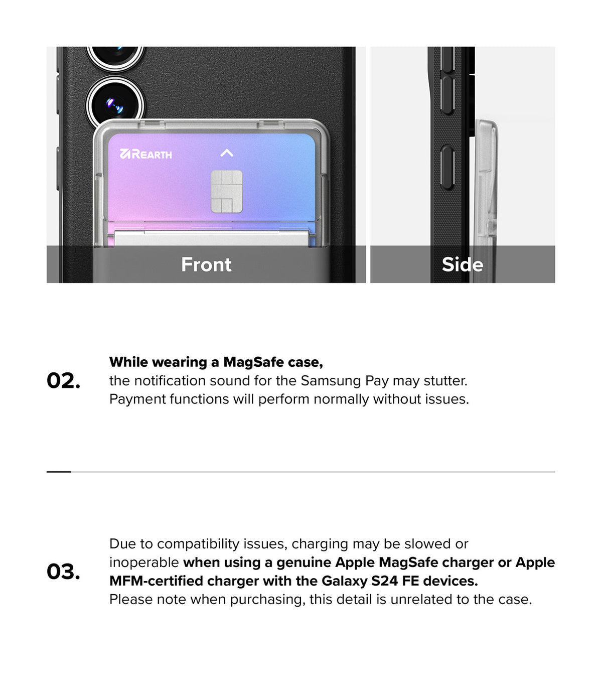 Galaxy S24 FE Case | Onyx Magnetic - Front and side views of a black phone case with a magnetic card holder attached.