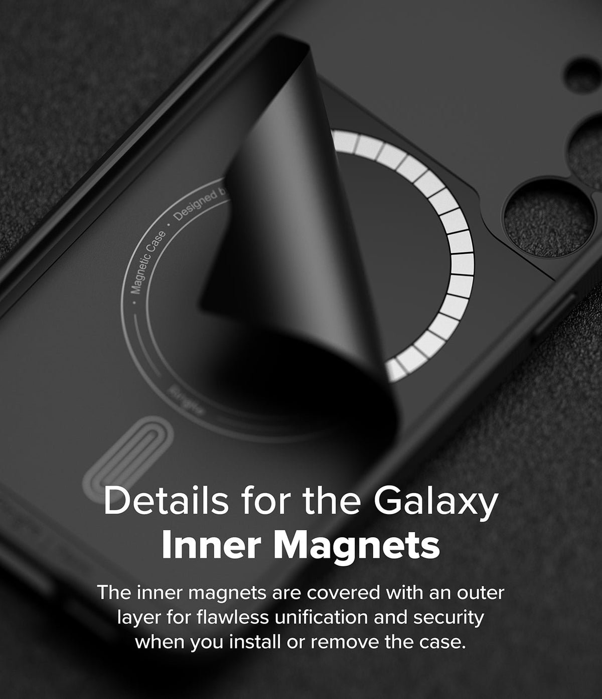 Galaxy S24 FE Case | Onyx Magnetic - Matte black phone case with a partially peeled layer revealing internal magnets.