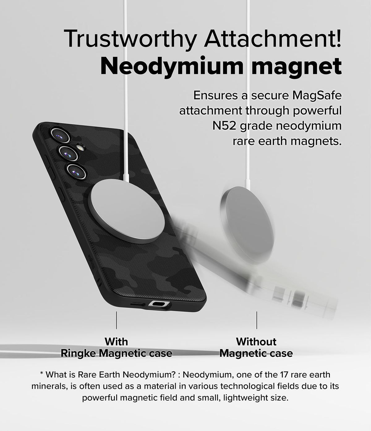 Galaxy S24 FE Case | Onyx Magnetic - Comparison showing a magnetic charger attached to a phone case versus falling off.