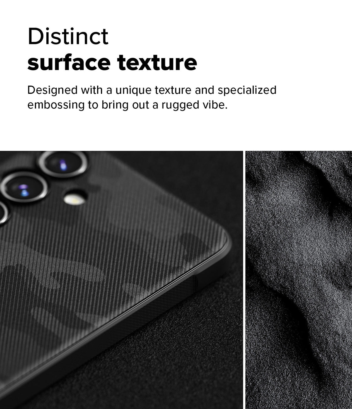 Galaxy S24 FE Case | Onyx Magnetic - Close-up of a textured black phone case with camo pattern next to a rugged stone surface.