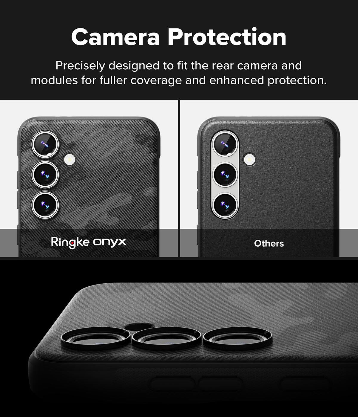 Galaxy S24 FE Case | Onyx Magnetic - Comparison showing the Ringke case's precise camera coverage versus other brands.