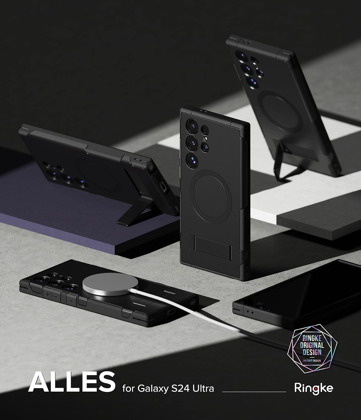 Galaxy S24 Ultra Case | Alles - Black matte phone cases with integrated kickstands and magnetic charging on a geometric base.