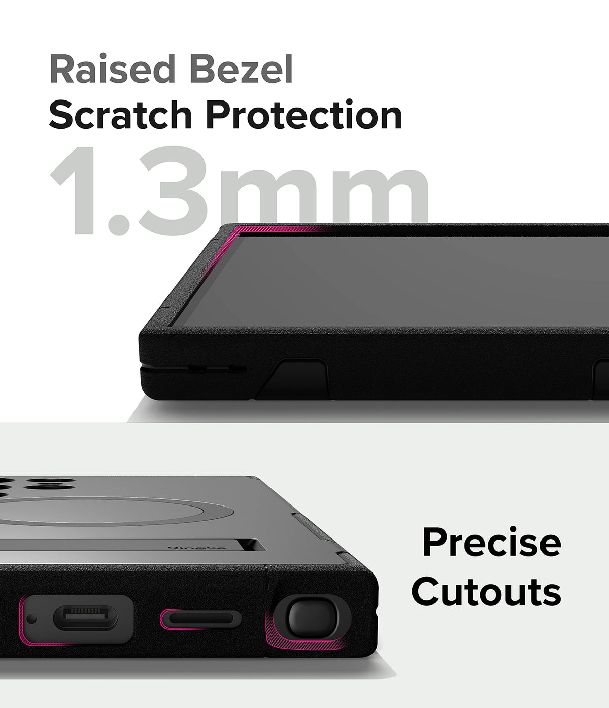 Galaxy S24 Ultra Case | Alles - Close-up of phone case showing 1.3mm raised screen bezel and precise port cutouts.