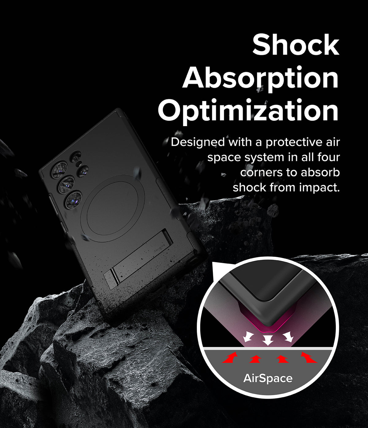 Galaxy S24 Ultra Case | Alles - Black phone case on rock with inset showing corner air space shock absorption.
