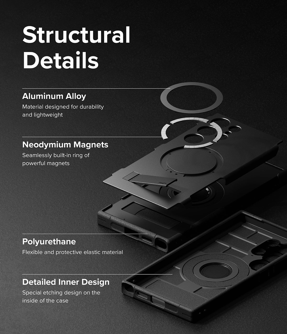 Galaxy S24 Ultra Case | Alles - Exploded view of phone case layers showing aluminum, magnets, and polyurethane materials.