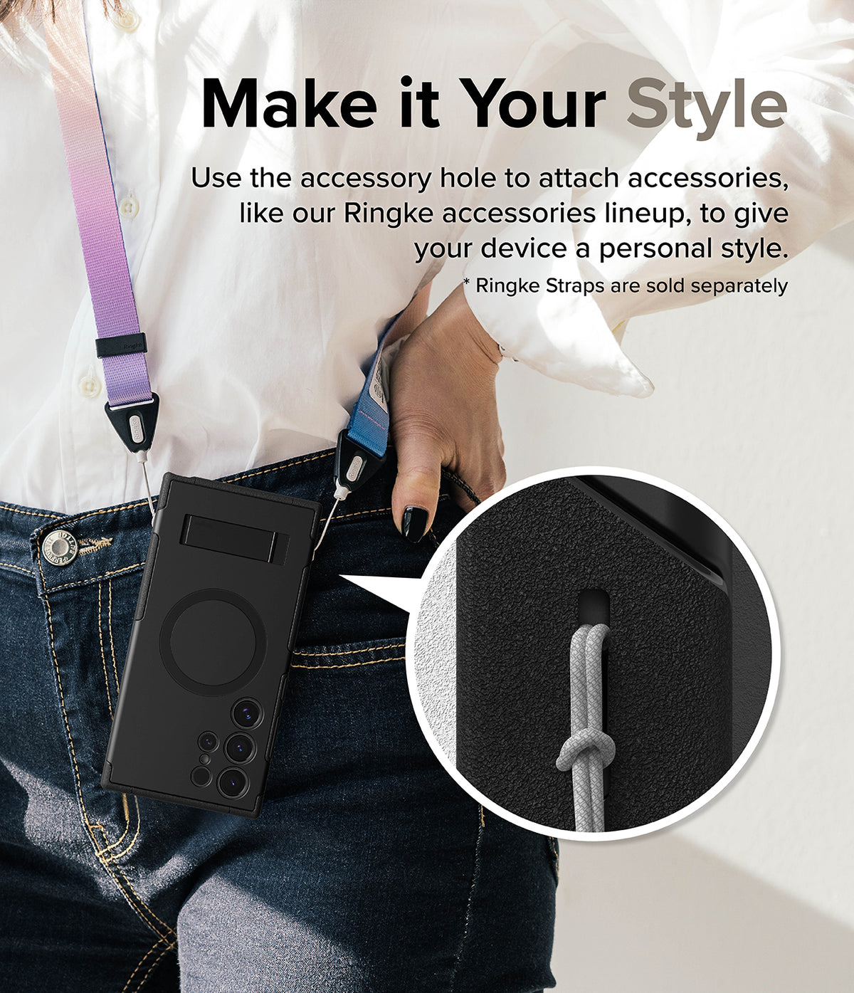 Galaxy S24 Ultra Case | Alles - Person wearing a black phone case with a colorful lanyard, featuring a close-up of the accessory hole.