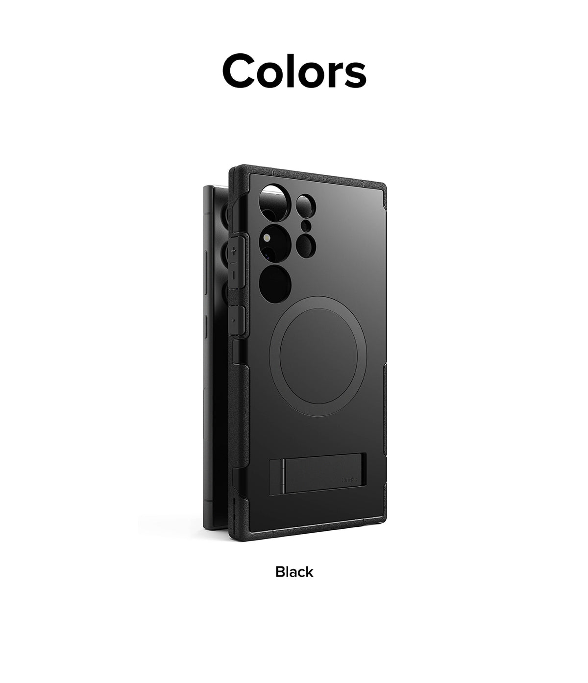 Galaxy S24 Ultra Case | Alles - Black protective phone case with a magnetic ring and kickstand on a white background.