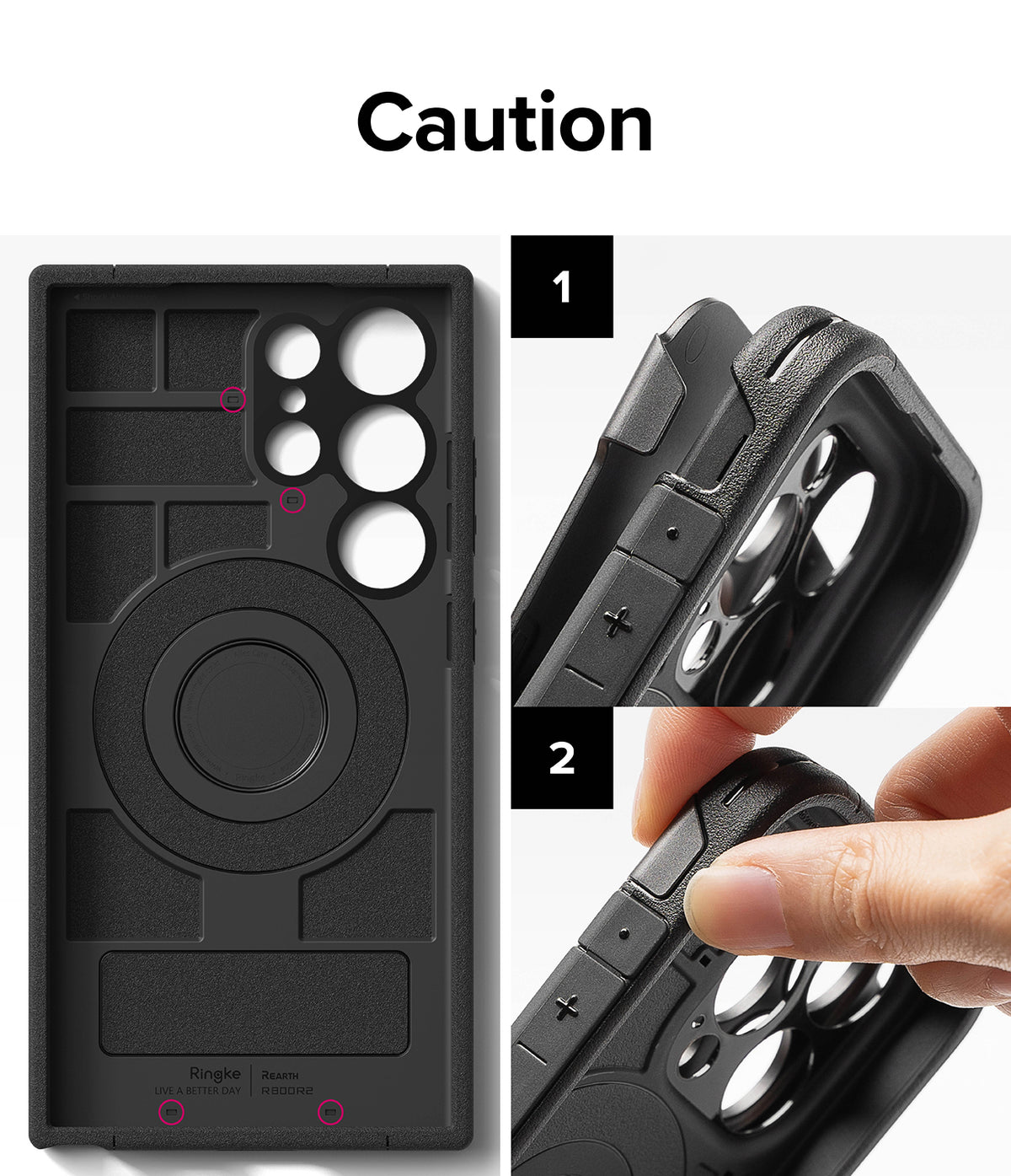 Galaxy S24 Ultra Case | Alles - Caution diagram showing proper installation of a black phone case with highlighted tabs.