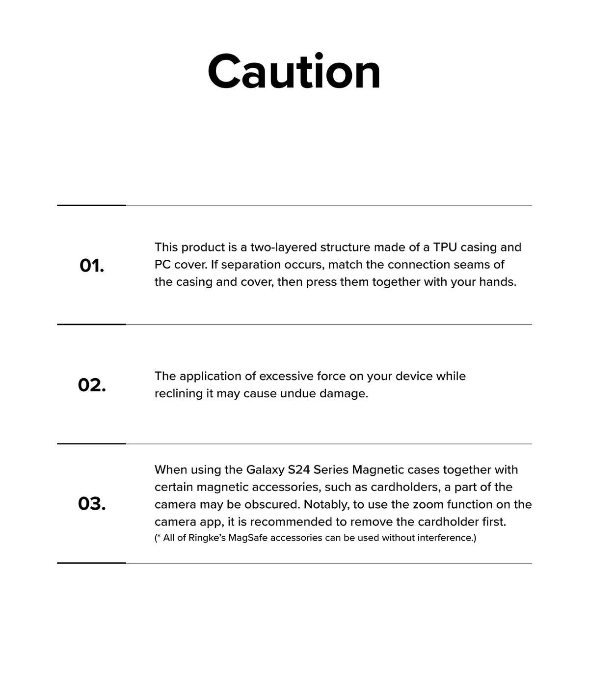 Galaxy S24 Ultra Case | Alles - Informational graphic listing three caution points for using the phone case.