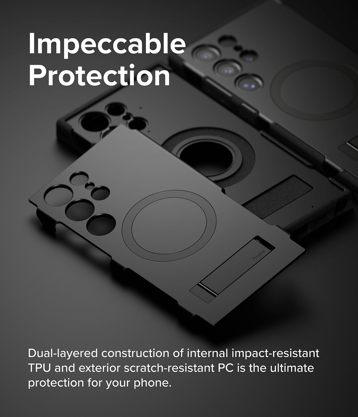 Galaxy S24 Ultra Case | Alles - Black protective phone case with a built-in kickstand and magnetic ring on a dark background.