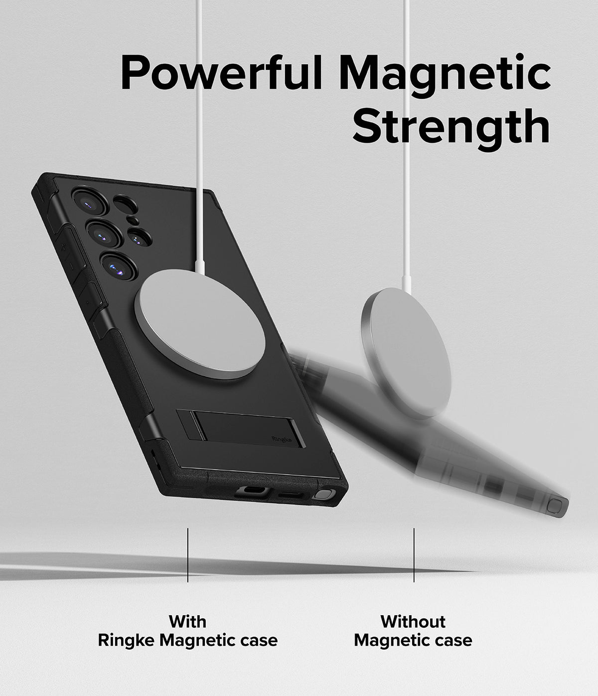 Galaxy S24 Ultra Case | Alles - A magnetic charger securely attached to a phone case versus a falling phone without one.