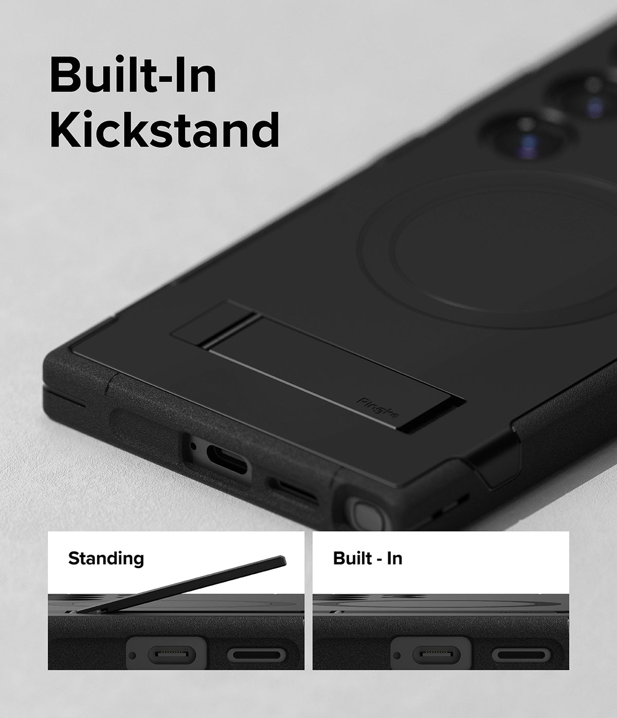 Galaxy S24 Ultra Case | Alles - Black phone case with a built-in kickstand, showing extended and retracted positions.