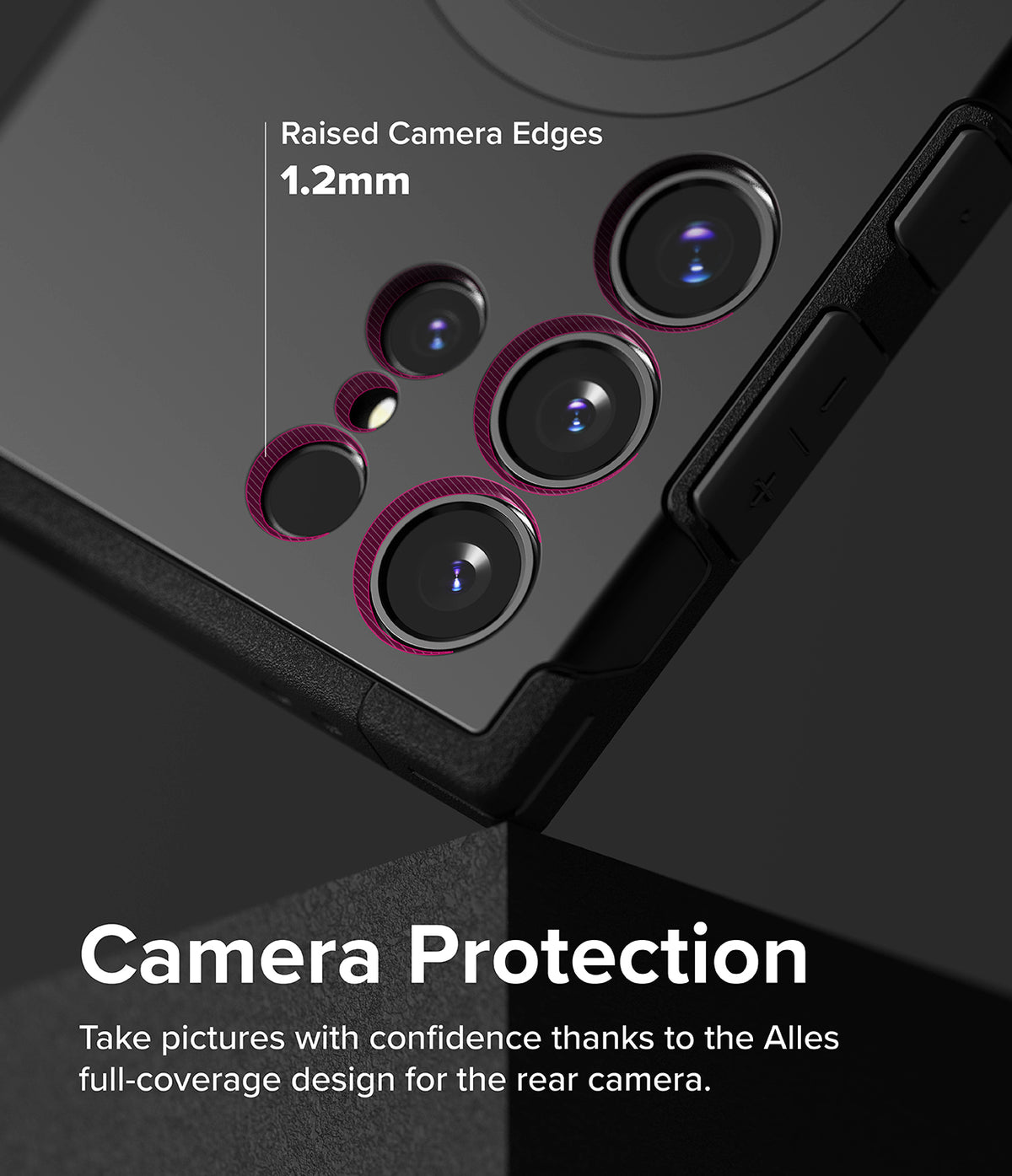 Galaxy S24 Ultra Case | Alles - Close-up of phone camera lenses with 1.2mm raised protective edges highlighted in purple.