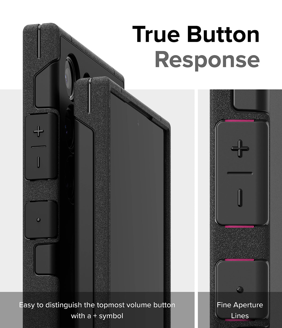 Galaxy S24 Ultra Case | Alles - Close-up of black phone case buttons with a plus symbol and fine aperture lines for tactile feedback.