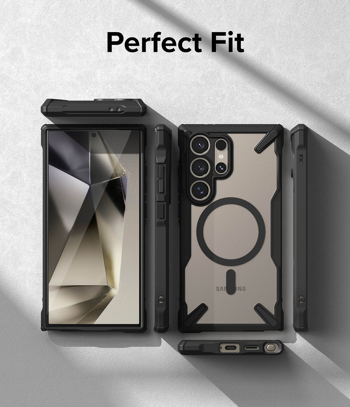 Galaxy S24 Ultra Case | Fusion-X Magnetic Matte - Multiple views of a black protective phone case with a magnetic ring.